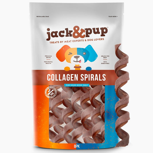 Jack&Pup 5" Spiral Beef Collagen Sticks for Dogs - Rawhide Free Dog Chews Long Lasting Collagen Chews for Dogs - Bully Sticks Alternative (8 Pack)