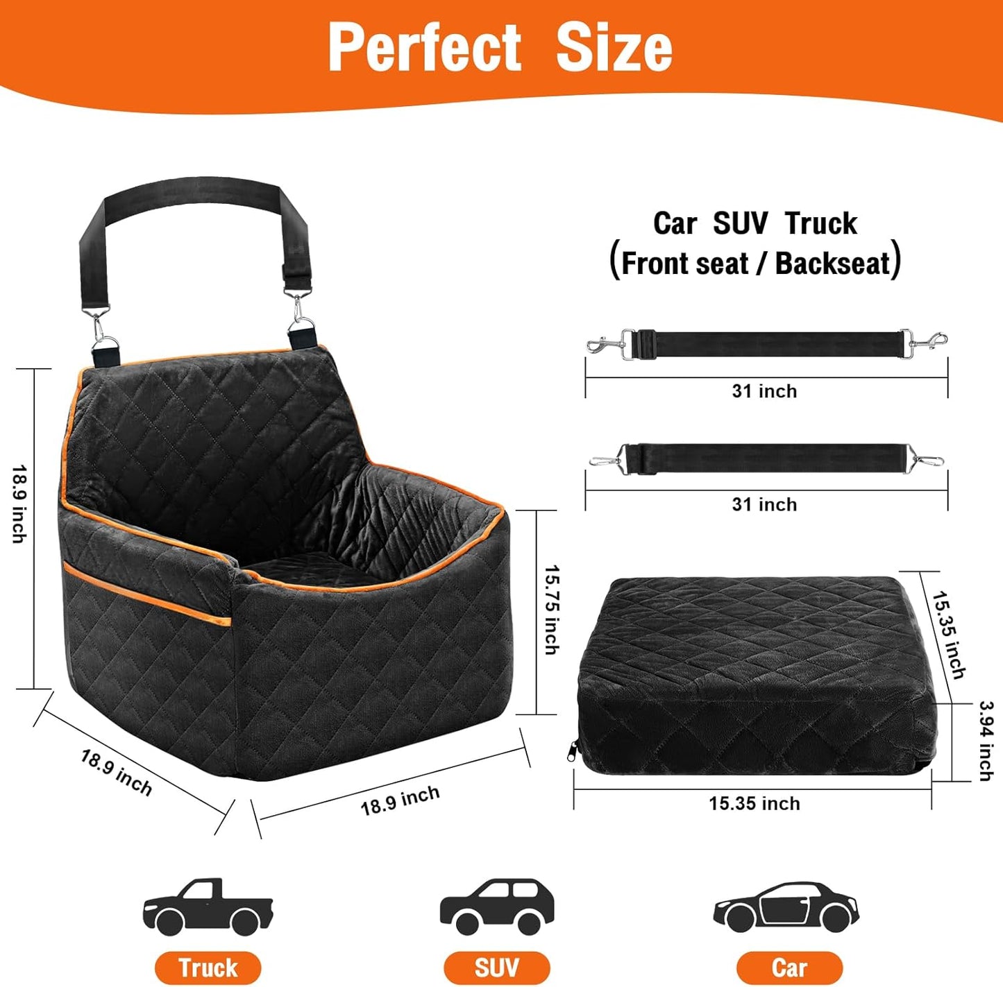 Dog Car Seat for Small Medium Dogs, Dog Carseats with Removable Thick Cushion, Detachable Washable Dog Booster Seat with Storage Pockets & Safety Belt, Soft Safety Pets Car Travel Carrier Bed, Black