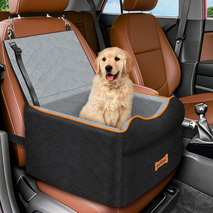 Small Dog Car Seat, Waterproof Dog Booster Seat with Thick Cushion & Safety Leash, Removable Car Back Seat Bed for 1 Small Dogs Under 25lbs, Pet Car Seat for Travel, Black/Gray
