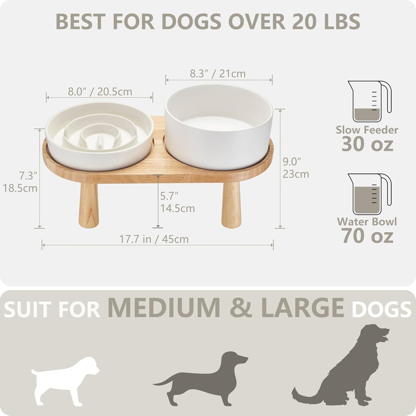 Ceramic Slow Feeder and Water Bowl Set for Medium and Large Dogs, 8.0inch Ceramic Dog Bowls Elevated with Wooden Stand, 2.0 Cups Dog Slow Feeder(30oz) and 70oz Water Bowl Set, White