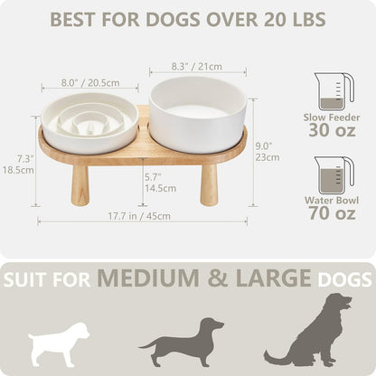 Ceramic Slow Feeder and Water Bowl Set for Medium and Large Dogs, 8.0inch Ceramic Dog Bowls Elevated with Wooden Stand, 2.0 Cups Dog Slow Feeder(30oz) and 70oz Water Bowl Set, White
