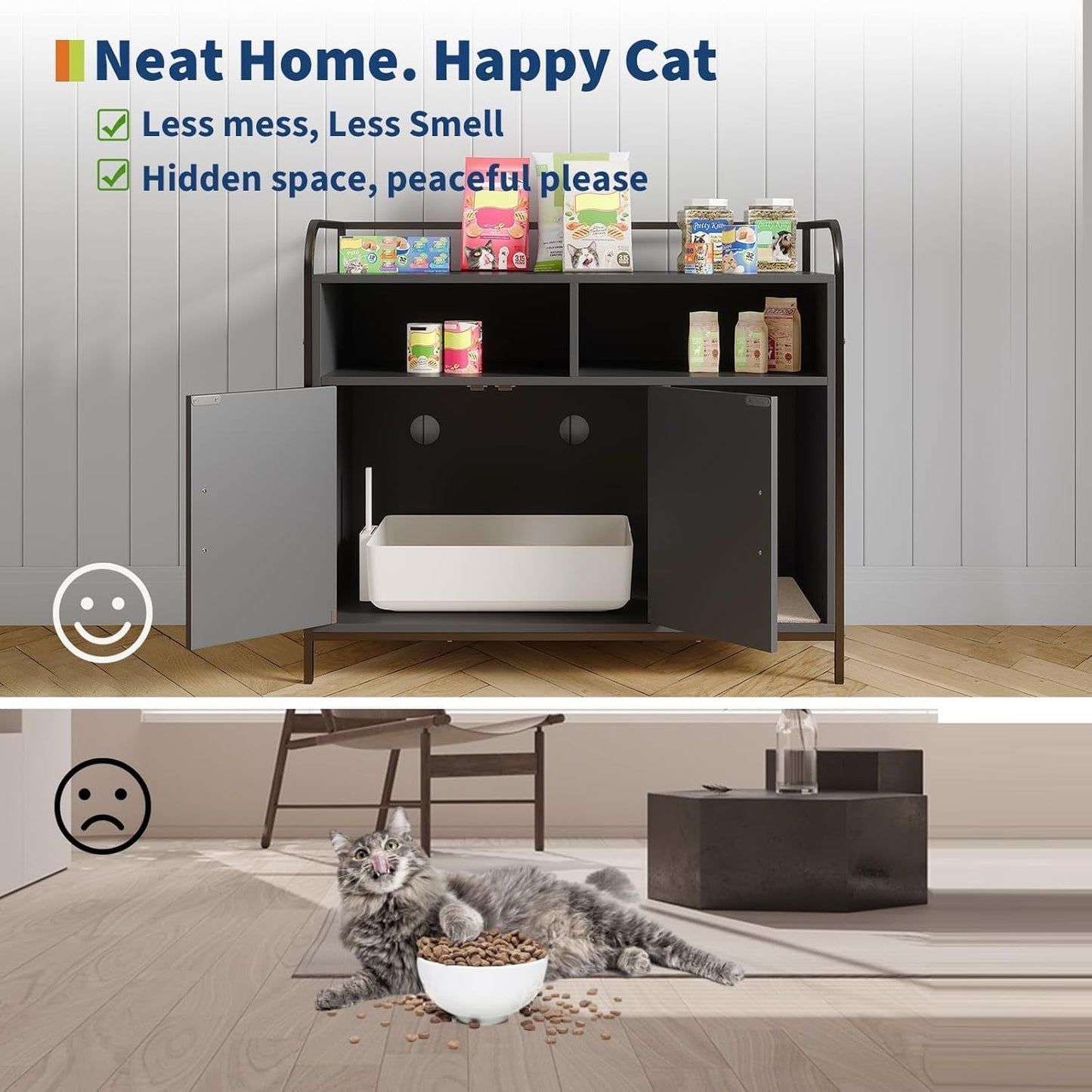 GAOMON Modern Cat Litter Box Enclosure with Metal Frame, Hidden Cat Litter Box Side Table with Dual Storage Shelves, Multi-Functional Indoor Cat House Cabinet for Living Room & Bedroom, Black