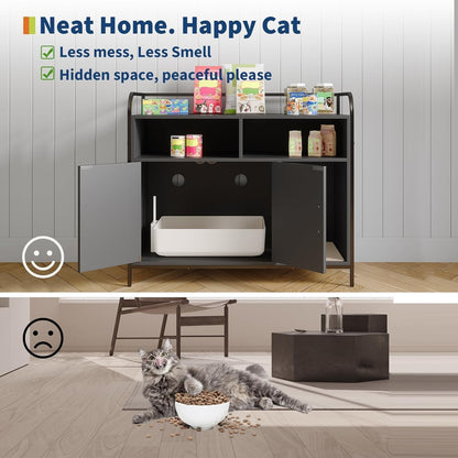 GAOMON Modern Cat Litter Box Enclosure with Metal Frame, Hidden Cat Litter Box Side Table with Dual Storage Shelves, Multi-Functional Indoor Cat House Cabinet for Living Room & Bedroom, Black