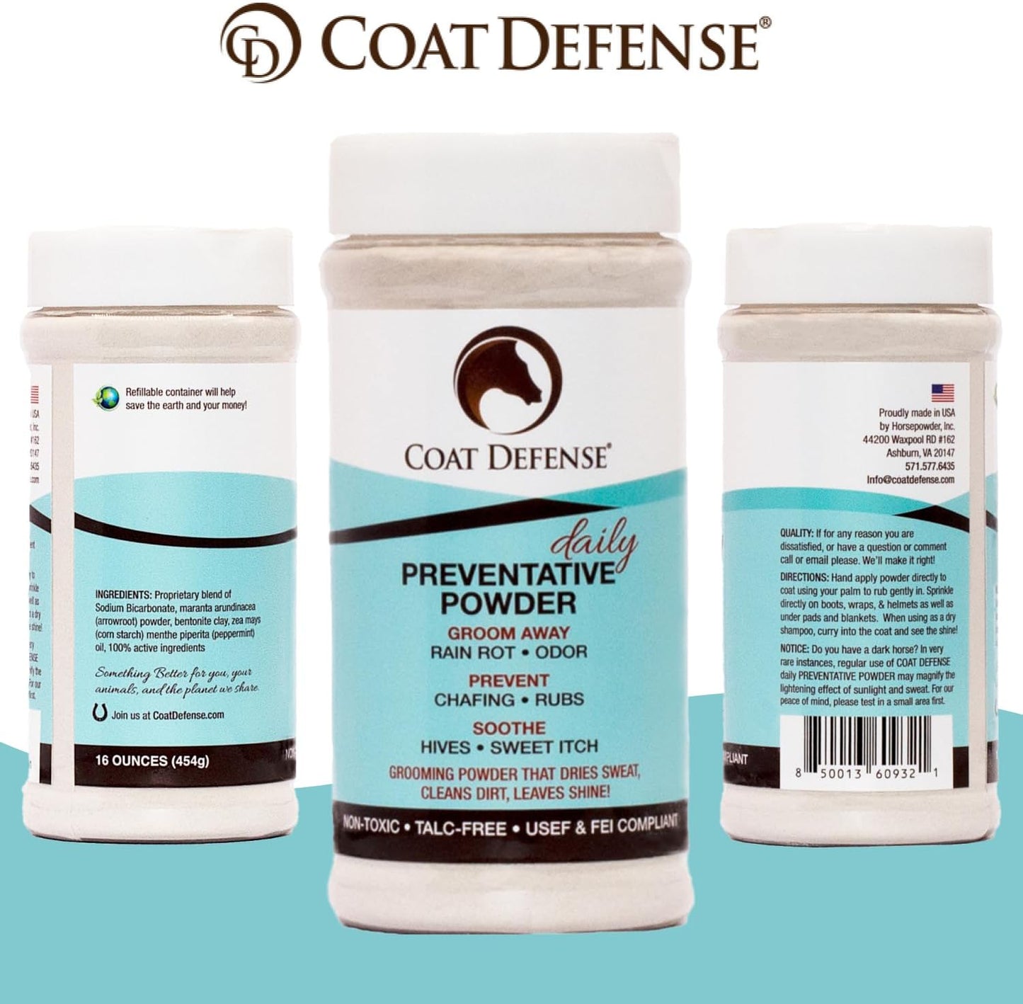 COAT DEFENSE Daily Preventative Powder for Horses - Safe & Effective Equine Skin Conditioner Sweet Itch, Skin Funk, & Rain Rot - Dry Horse Shampoo, 16 oz Formula with All Natural Ingredients