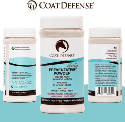COAT DEFENSE Daily Preventative Powder for Horses - Safe & Effective Equine Skin Conditioner Sweet Itch, Skin Funk, & Rain Rot - Dry Horse Shampoo, 16 oz Formula with All Natural Ingredients