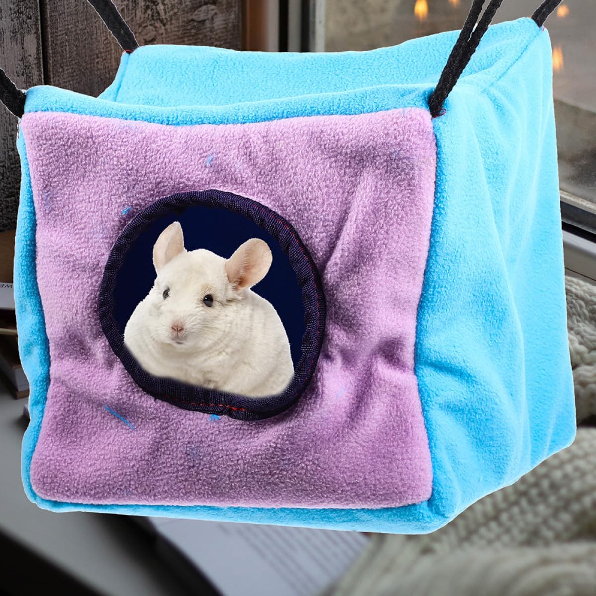 Small Animal Hanging Hammock Cage with Double-Layer Cozy Cube Bed for Hamsters Squirrels Ferrets and Chinchillas Small Pet Suspend Cage Hideout