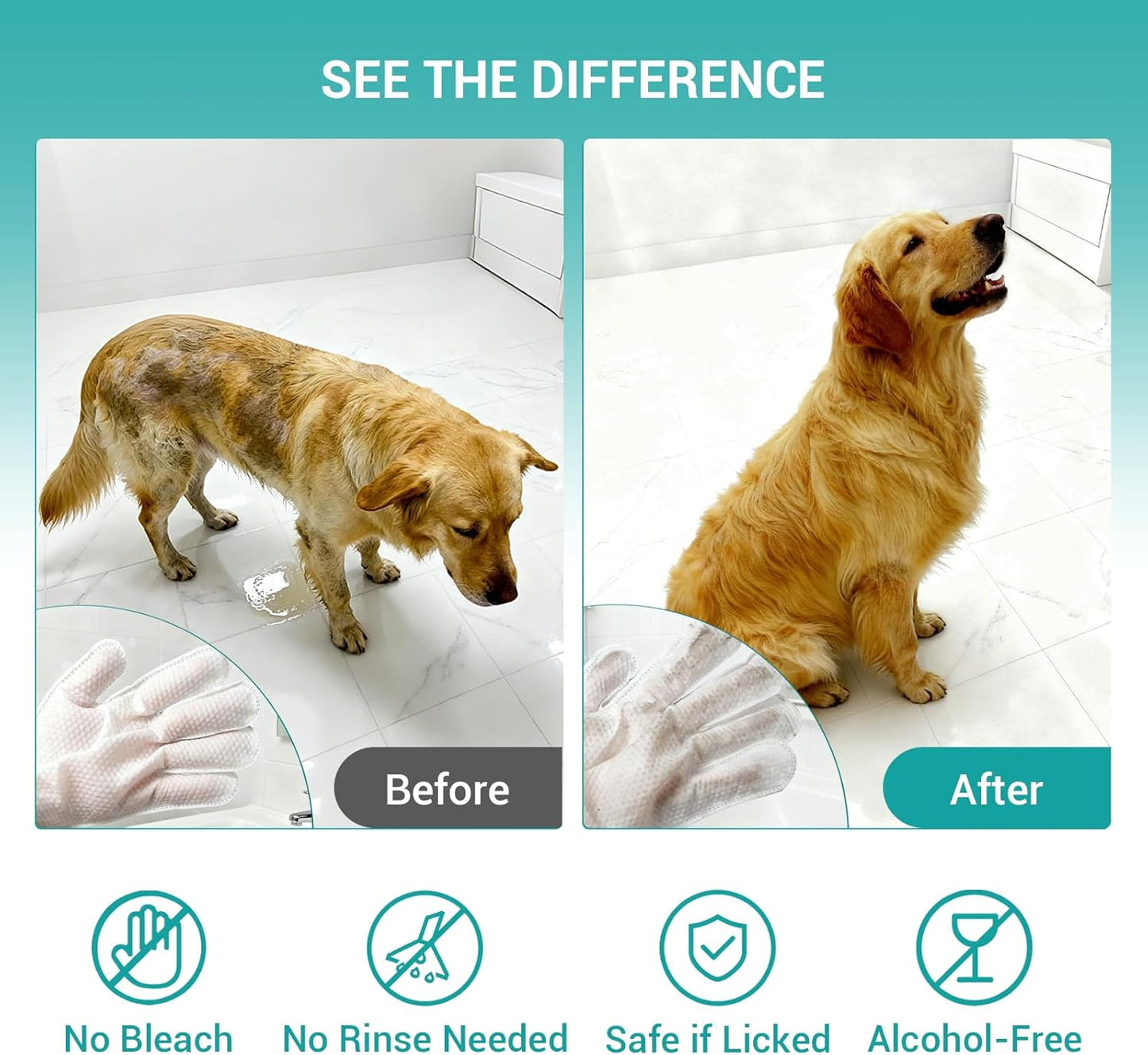 Pet Glove Wipes for Dogs & Cats – Extra Thick Rinse-Free Mittens, Hypoallergenic, Cleansing & Deodorizing, Optional No-Rinse Foam Mousse for Deeper Cleaning, Ideal for Playful & Large Dogs