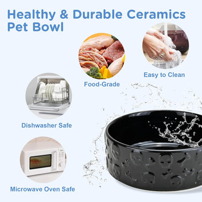 SPUNKYJUNKY Elevated Dog Bowls Ceramic, 5.1'' Dogs and Cat Food Water Bowls Raised with Non-Slip Bamboo Stand for Puppy Small Sized Breed Microwave Dishwasher Safe - 13.5 OZ,Skull Black