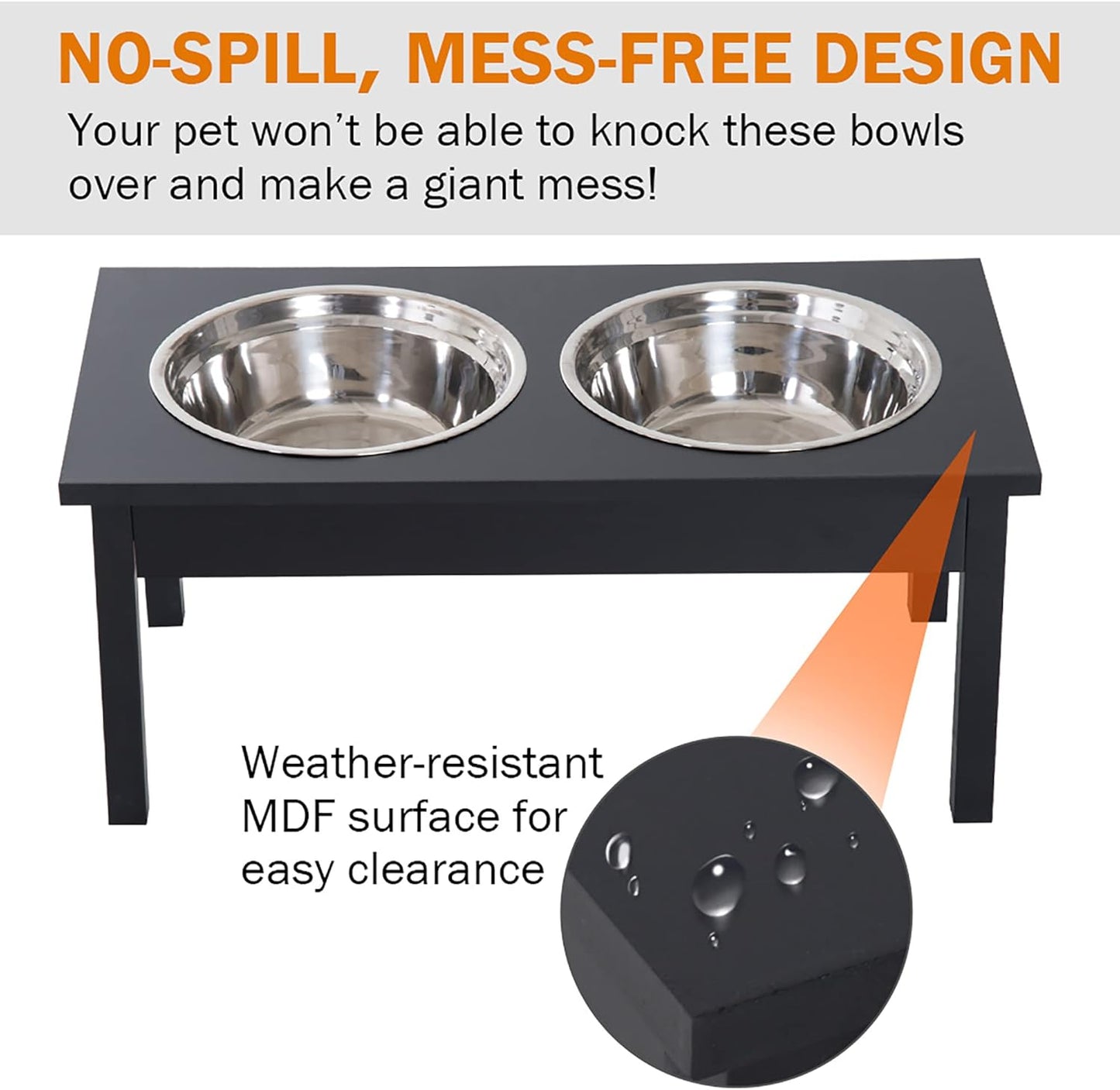 LUMILAND 23" Wooden Elevated Dog Feeding Station for Healthier Eating, Durable Design with Stainless Steel Bowls, Elegant Black Finish