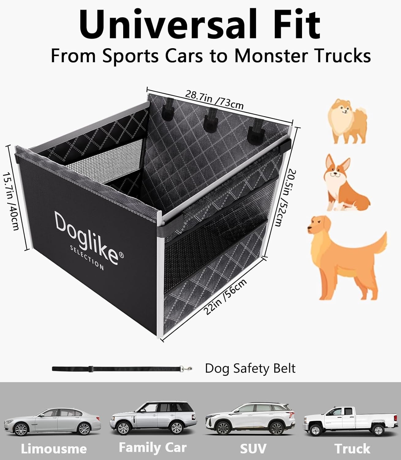 Doglike Dog Car Seat with Removable Cushion for Medium Dogs (30-60lbs) - 7-Layer Waterproof Hard Bottom Back Seat Extender, Spacious Pet Car Seat for SUV/Truck/Home, 2025 Upgraded