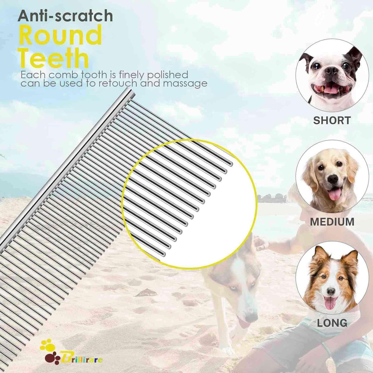 Dog Grooming Comb Pet, Stainless Steel Cat Combs with Rounded Teeth, Professional Metal Tear Stain Remover, Dematting Tool for Small, Medium & Large Pets-7.5in