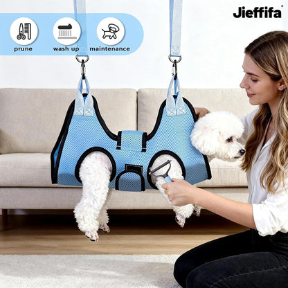 Dog Grooming Hammock, Cat/Small Dog Hammock for Nail Trim, Hanging Harness for Claw Care,Grooming Sling Holder Hanger with Thick Fabric Neck Support Wide Strap Restraint (Blue)