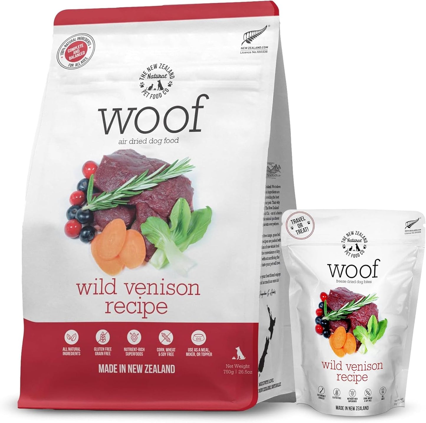 Woof Dog Food Bundle – Freeze Dried & Air Dried Wild Venison Recipe (1.76 oz Freeze Dried & 26.5 oz Air Dried), High Protein Dog Food Topper, Mixer, or Treat, All Life Stages