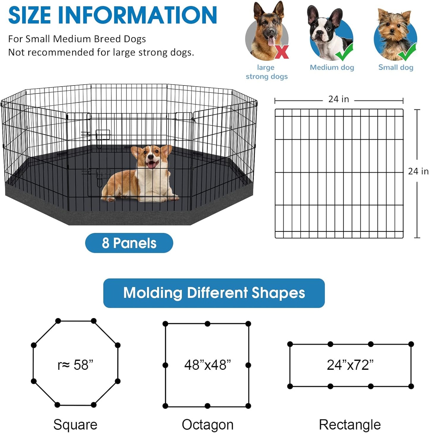 Dog Pen Pet Playpen Dog Fence Indoor Foldable Metal Wire Exercise Puppy Play Yard Pet Enclosure Indoor Outdoor 8 Panels 24 Inch with Bottom Pad/Top Cover (Black with Bottom pad)