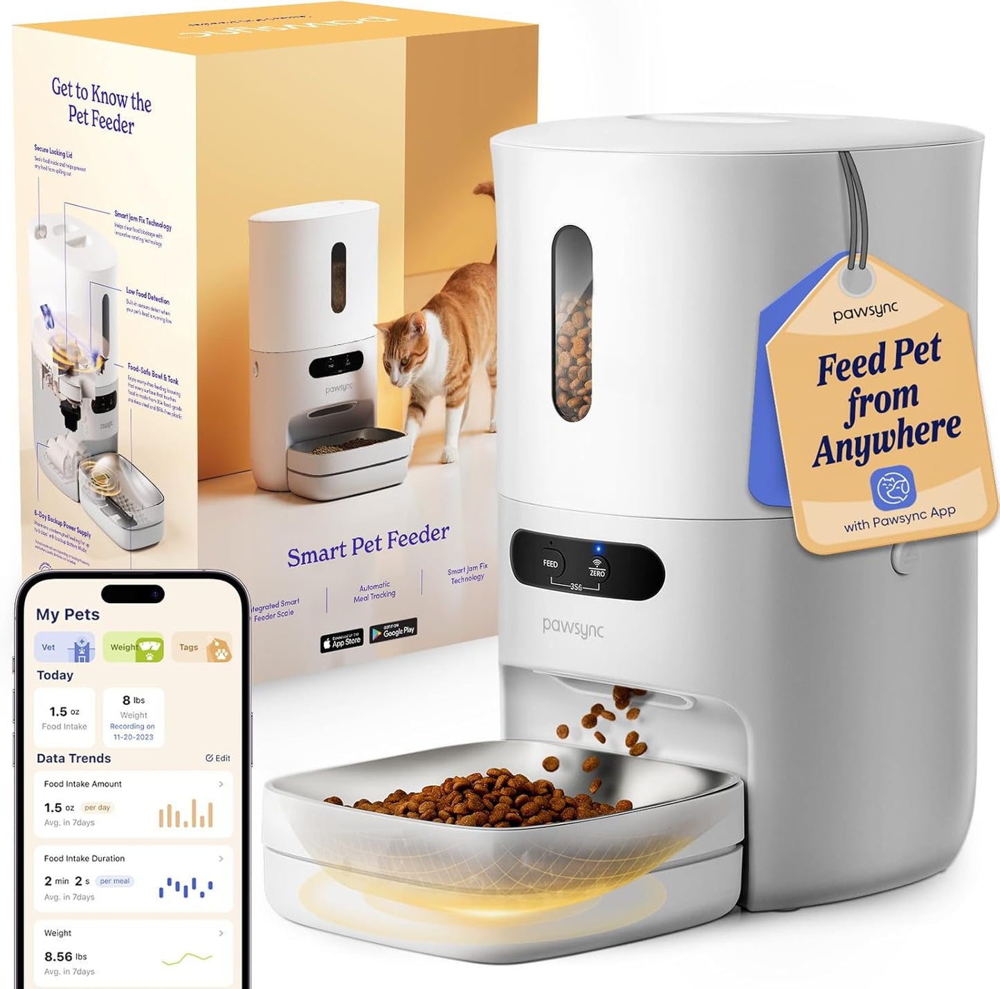 Pawsync Automatic Cat Feeder, WiFi Smart Scale Tracks Pet's Food Intake, App Control, 3.6L Timed Food Dispenser for Cats and Dogs, Up to 10 Meals Per Day, Stainless Steel Bowl, Dual Power Supply