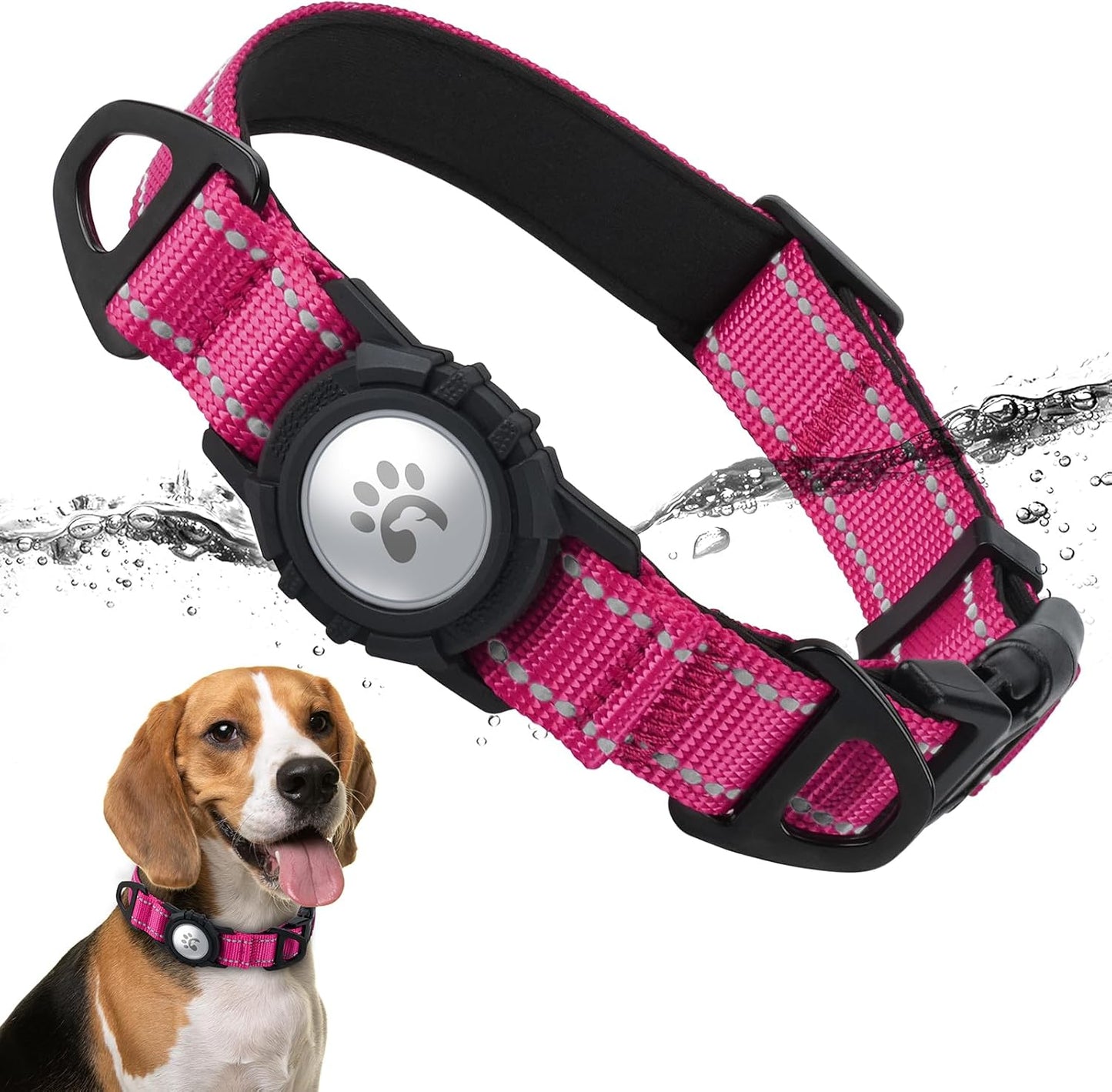 TagME Airtag Dog Collar,Waterproof Reflective Pet Collar with Airtag Holder,Soft Padded and Double D-Rings for Medium Dogs,Hot Pink