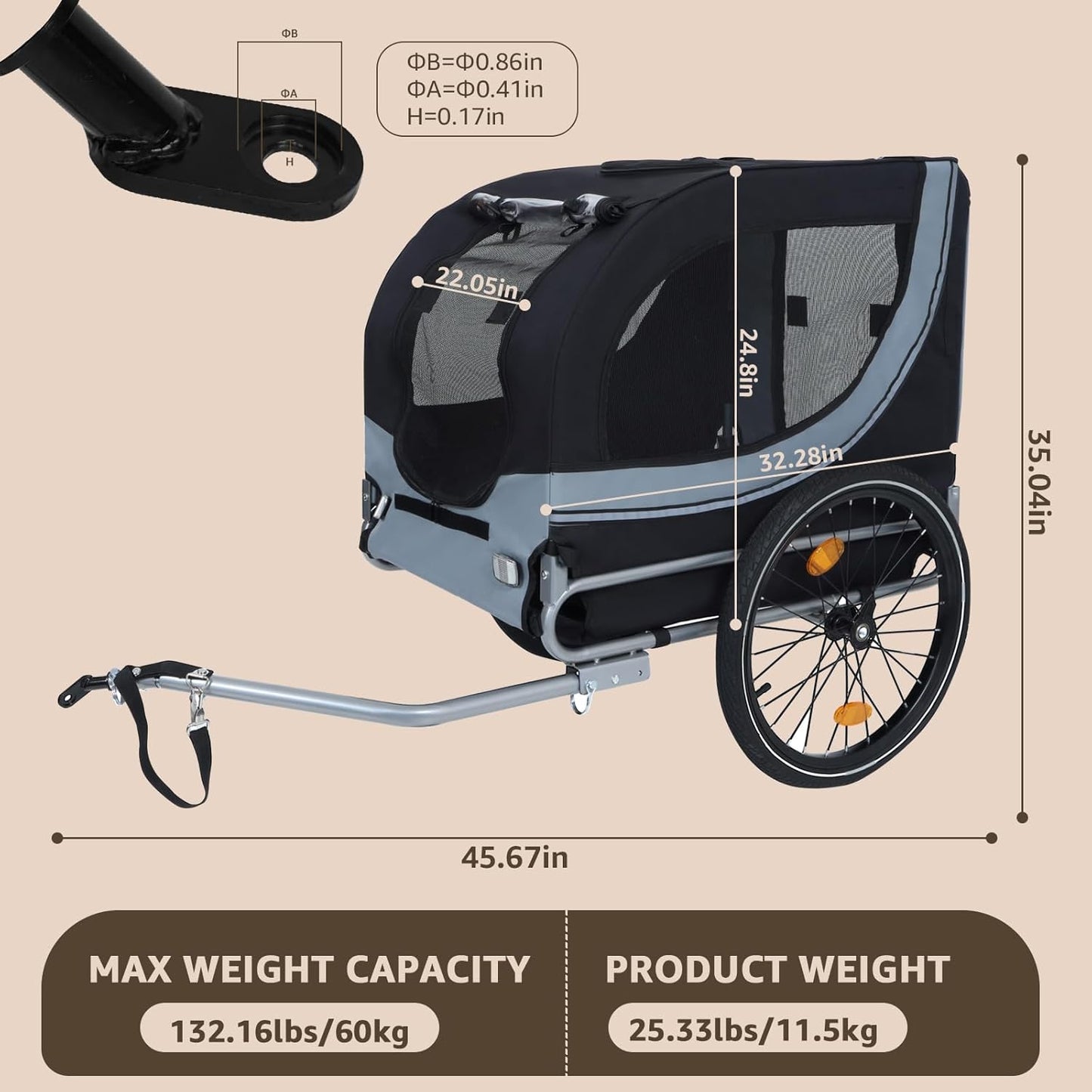 Heavy Duty Dog Bike Trailer for Large Dogs, 132 lbs Pet Bicycle Carrier with Easy Folding Frame, Quick Release Wheel & Universal Coupler, Includes Safety Reflector, Flag and Internal Leash