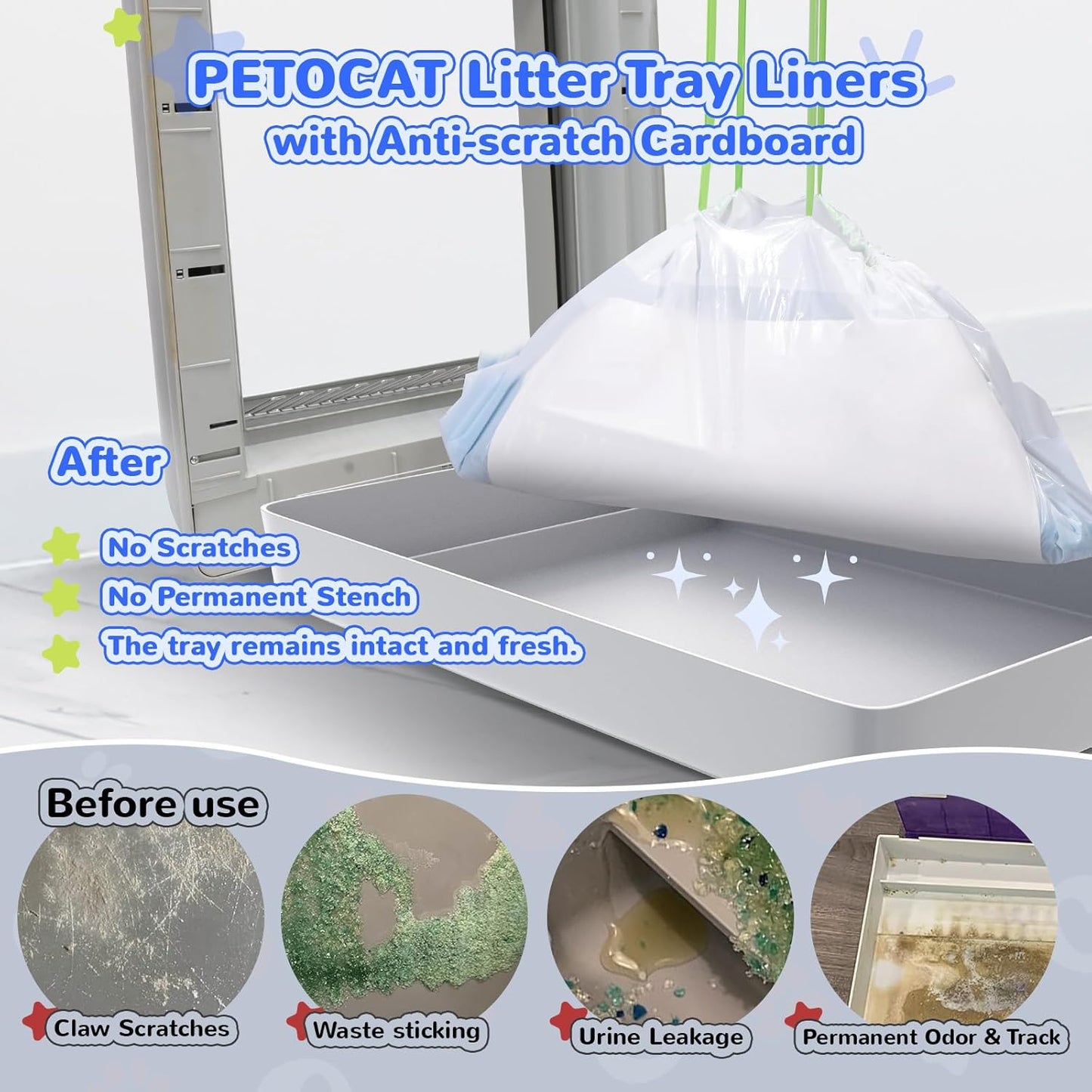 Cat Litter Liners with Anti-scratch Cardboard for Pet Scoop Free Self-Cleaning Litter Box, Kitten Waste Bag Compatible with Reusable/Disposable Refill Tray, Large Drawstring Kitty Poop Bags 20 Count