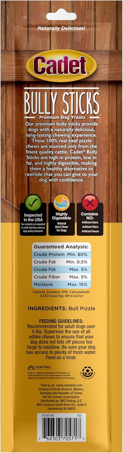 Cadet Bully Sticks for Dogs - Long-Lasting Dog Chews - All-Natural Premium Dog Treats Promotes Dental Health