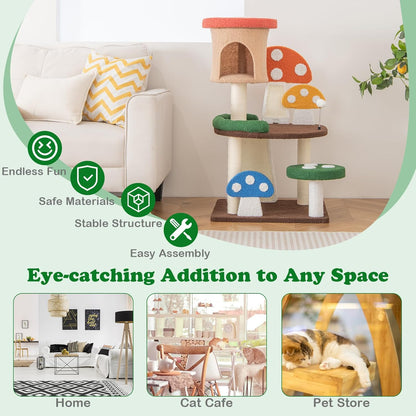 PETSITE Mushroom Cat Tree, 40.5 Inches Tall Multi-Level Cat Tower with Natural Sisal Scratching Posts & Boards, Cat Condo and Teasing Spring Ball, Cute Cat Tree Tower for Indoor Cats Large Adult