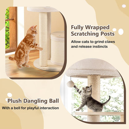PETSITE 60 Inches Wooden Cat Tree, Multi-Level Modern Cat Tower with Sisal Scratching Posts, Double Condos, Padded Cozy Top Perch, Multiple Jumping Platforms, and Hanging Ball, Ideal for Indoor Cats