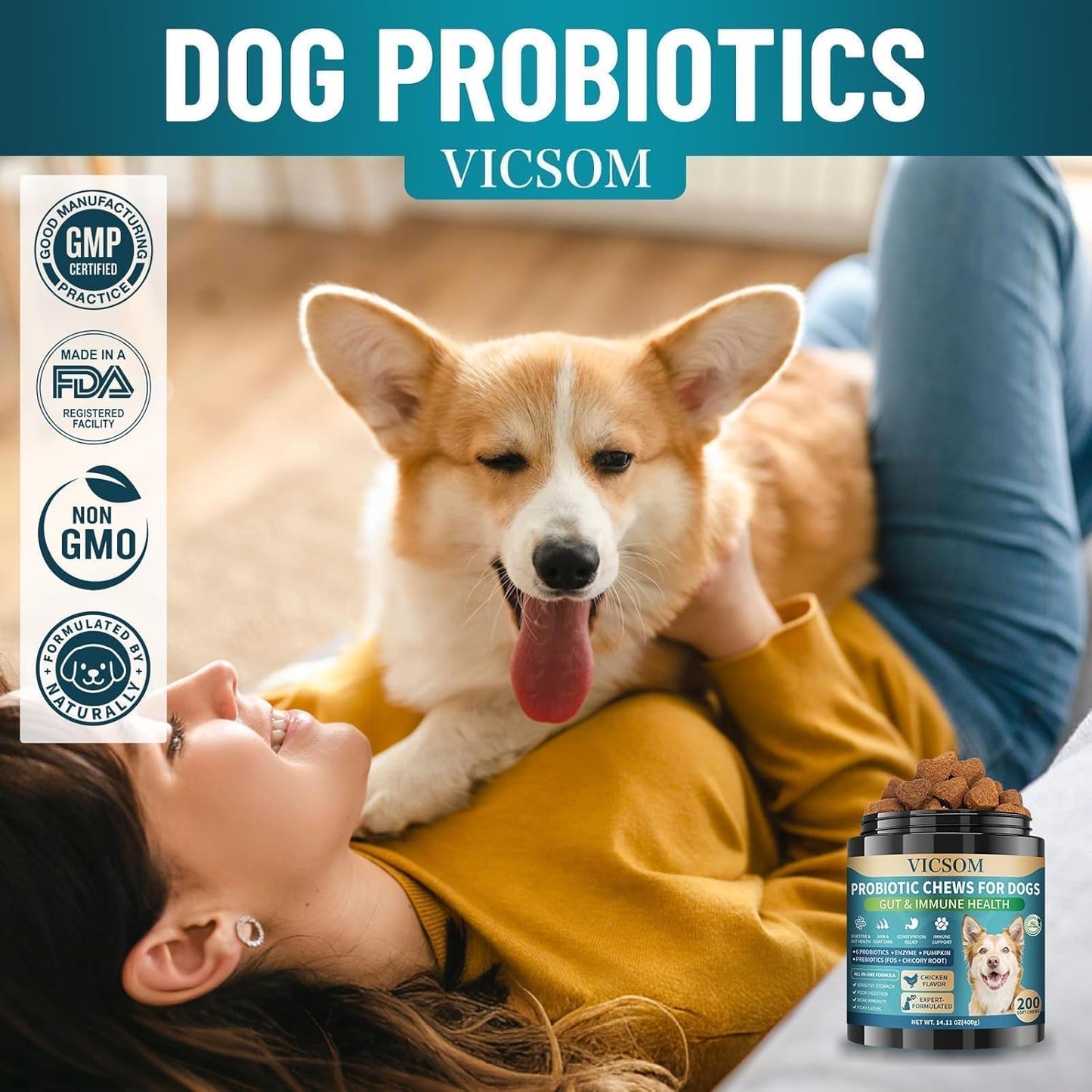 Dog Probiotics for Dogs, 200 Soft Probiotics Chews for Dogs Digestive Health Gut Health & Immune System, with 6 Probiotics & Digestive Enzymes, Support Itchy Skin, Constipation & Diarrhea Relief