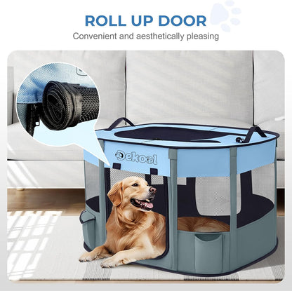Foldable Dog Cat Playpen, Portable Dog Crate for Puppies, Cat, Puppy Play Pen for Indoors, Kennel Tent Crate for Indoor Outdoor Travel Camping Use with Carrying Case (Blue, M)