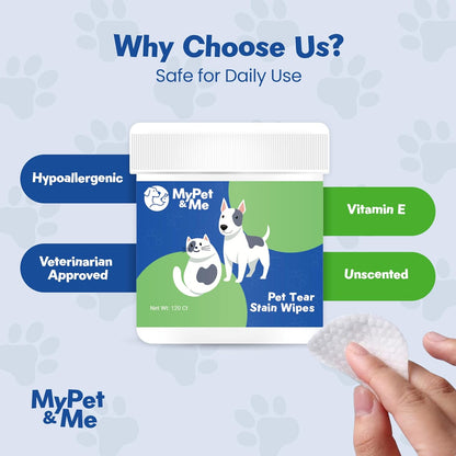 My Pet & Me Dog & Cat Eye Cleaning Wipes – 120 Ct | Tear Stain Remover | Natural Plant-Based Pet Wipes | Gentle Grooming Cloths for Daily Eye Care