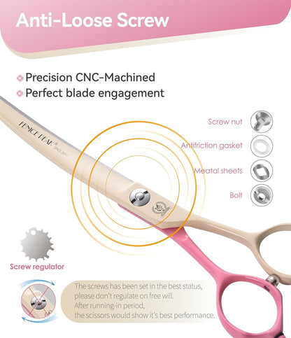 Fenice Peak Curved Dog Grooming Scissors with Coating 440C Stainless Steel, 7 inch Professional Curved Shears Dog Grooming，25 Degree of Curved Blade，Pet Shears for Trimming Face and Paws, Pink & White