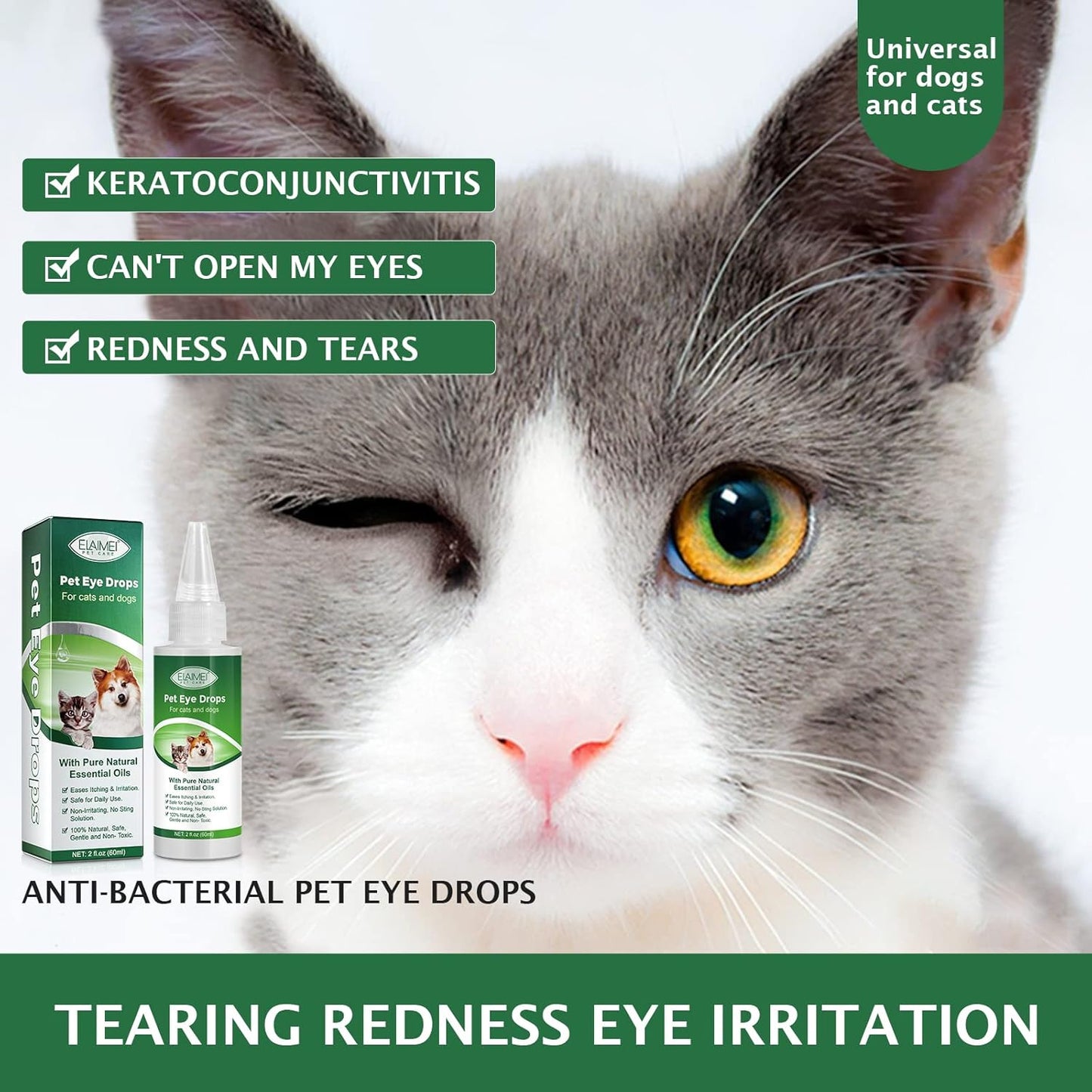 60ML Pet Eye Drops for Dog & Cat Relieve Eyes Itching & Irritation, Pink Eye & Allergies Symptoms Safe & Gentle Formula for All Animals