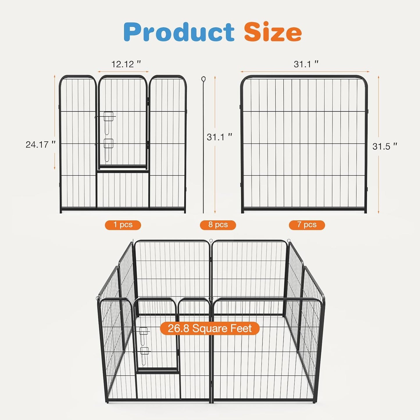 Portable Metal Dog Playpen, 8 Panels, 31" W x 32" H, Black, Modern Style, Secure Lock, Easy Setup, Ideal for Small, Medium, Large Dogs, Puppies, Bunnies, Indoors/Outdoors