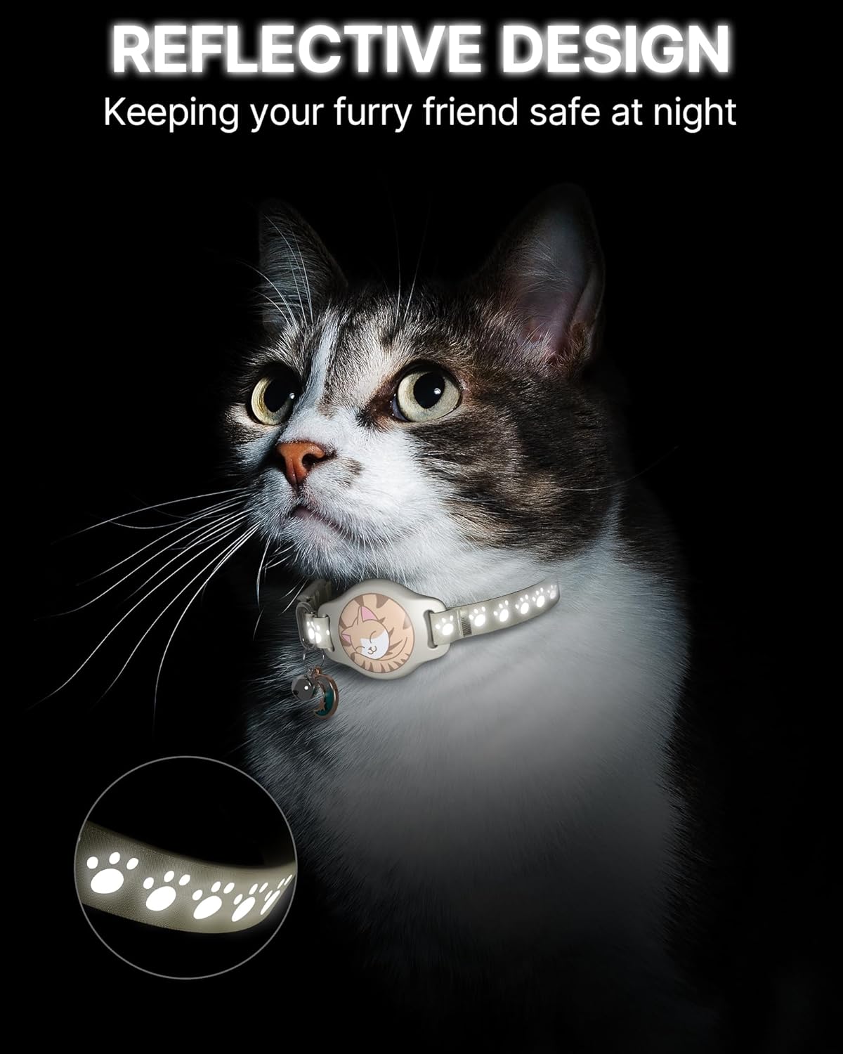 Cat Tracker Collar - Waterproof Airtag Cat Collar with Finder Tag (iOS ONLY), Compatible with Apple Find My, Breakaway Tractive Design with Reflective Pattern & Bell, Khaki(Not for Android Devices)