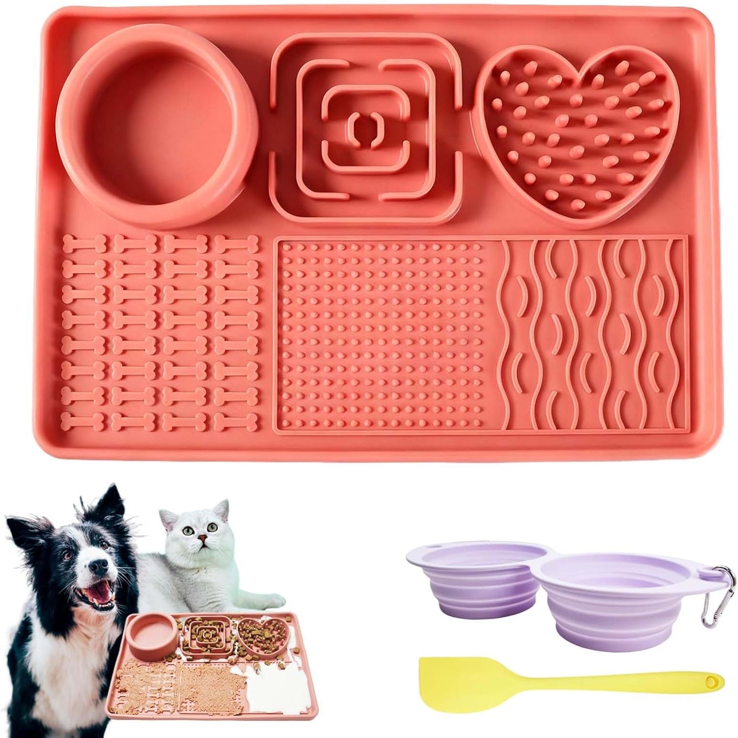 Licking Pad Mats 6 in 1 Reddish Orange for Butter Yogurt Peanut Frozen Food, Dog Slow Feeder Puzzle Bowl, Silicone Anti-Slip Pets Treats Feeding Mat, Collapsible Dog Water Bowl