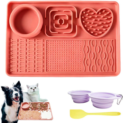 Licking Pad Mats 6 in 1 Reddish Orange for Butter Yogurt Peanut Frozen Food, Dog Slow Feeder Puzzle Bowl, Silicone Anti-Slip Pets Treats Feeding Mat, Collapsible Dog Water Bowl
