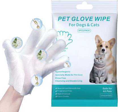 6PCS Unscented Extra Thick Pet Glove Wipes for Dogs & Cats, Dog Cat Washing Cleaning Gloves, Dog Grooming Bath Gloves for Daily Care and Traveling, Rinse Free