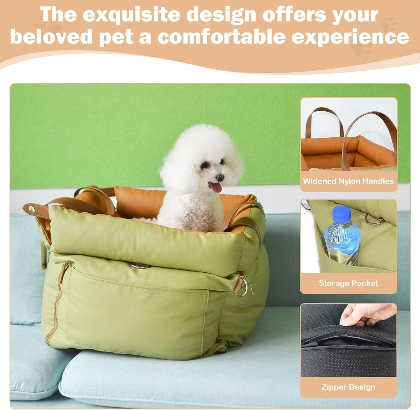 Dog Car Seat for Large Dogs, Large Leather Dog Car Bed with Storage Pocket, Waterproof PVC Leather Booster Seat Travel Bed for Front & Back Seat, Clip-On Safety Leash (Blue/Brown)