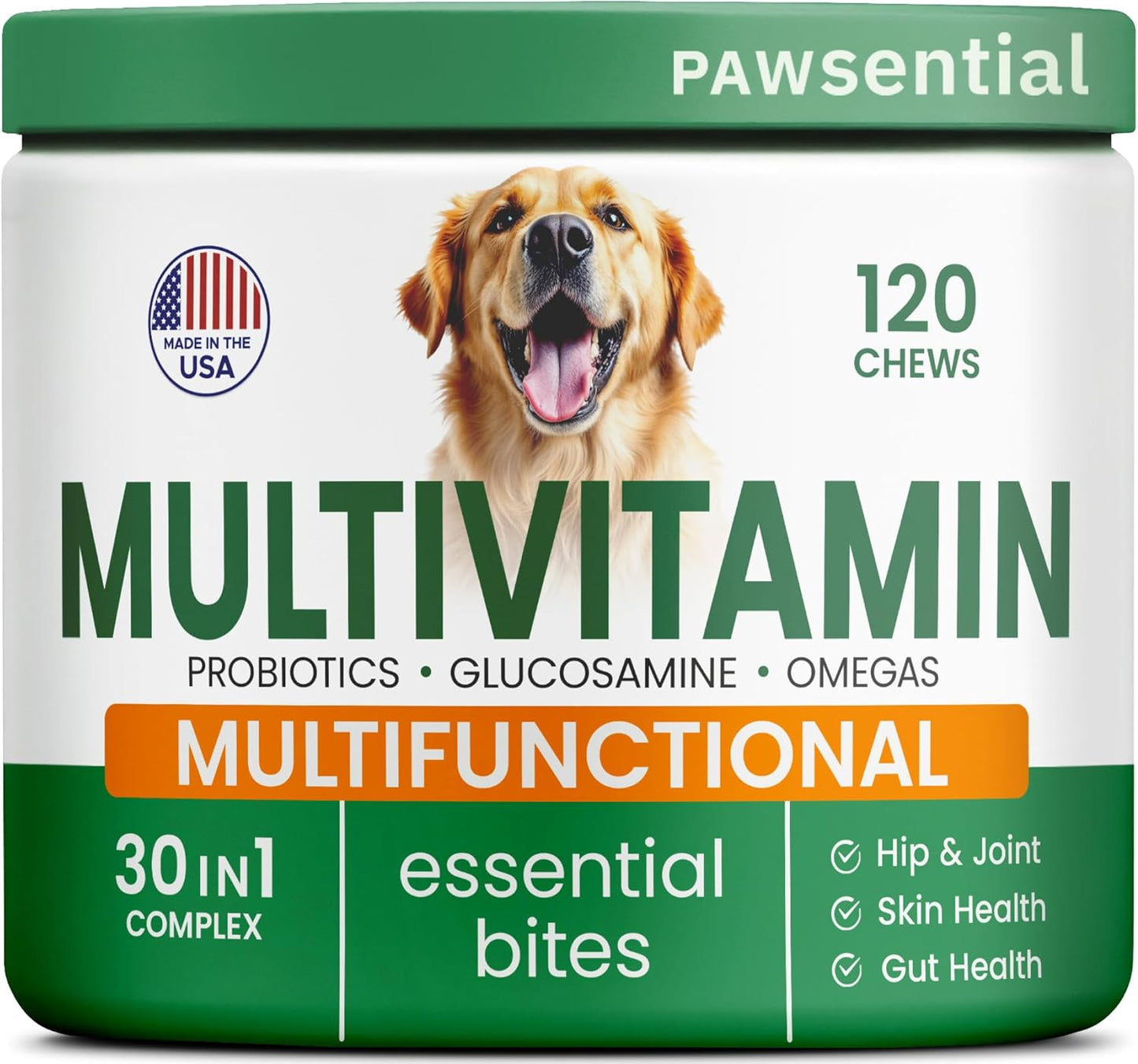 Vitamins for Dogs - 4 in 1 Complex with Omega, Glucosamine, Probiotics and Vitamins - 120 Chews Single Pack Roasted Turkey