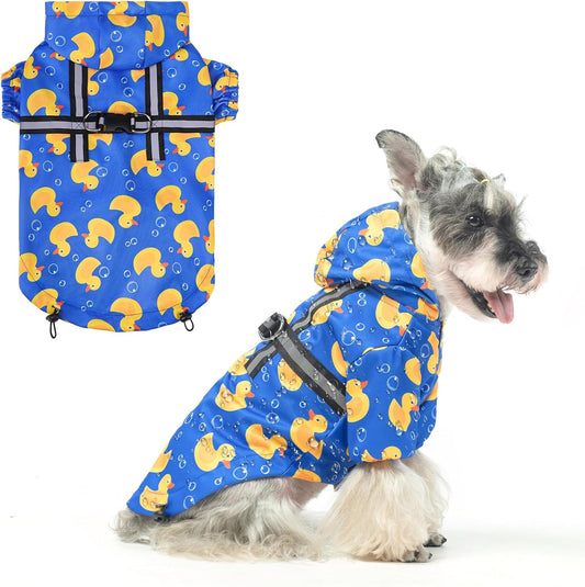 BEAUTYZOO Dog Raincoat Hooded with Harness Built-in, Waterproof Jacket Poncho for Small, Medium, Large Dogs, Girls and Boys, Yellow Duck, Winter Rainy Snowy Days