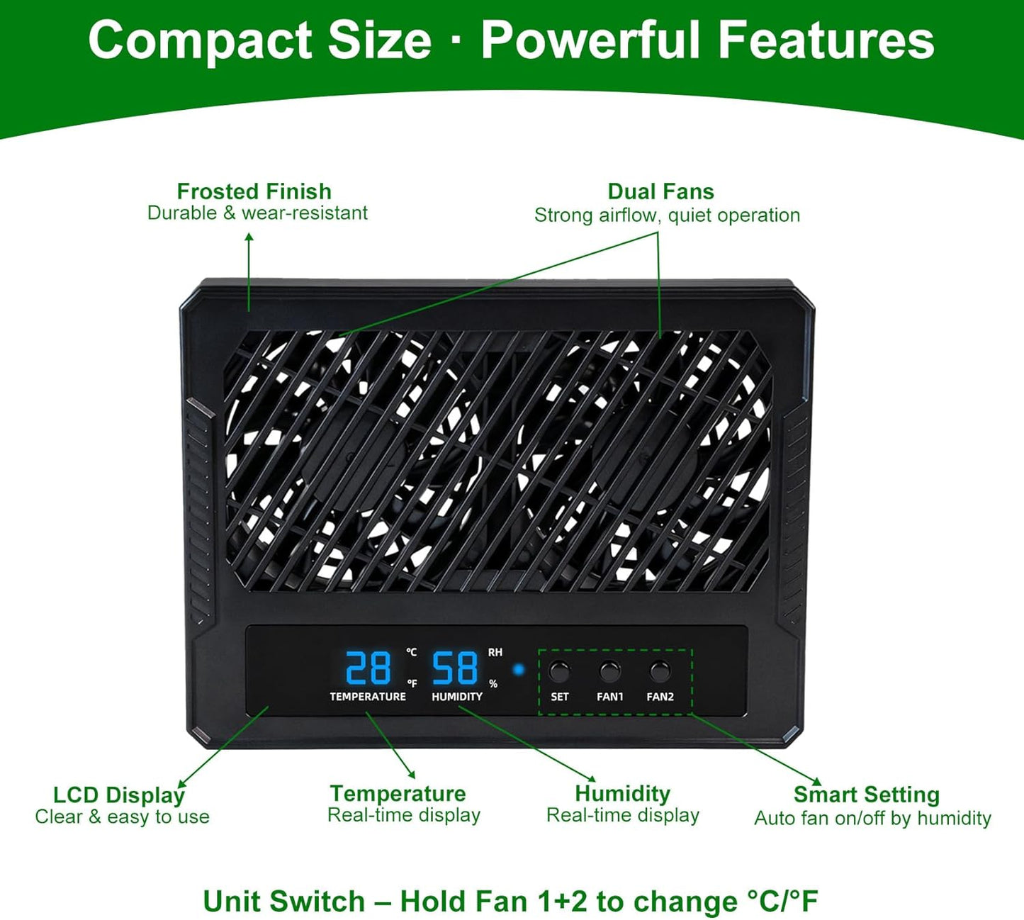 Reptile Dual-Head Temperature & Humidity Fan – Quiet Automatic Climate Control with Digital Display for Terrariums, Reptiles & Amphibians