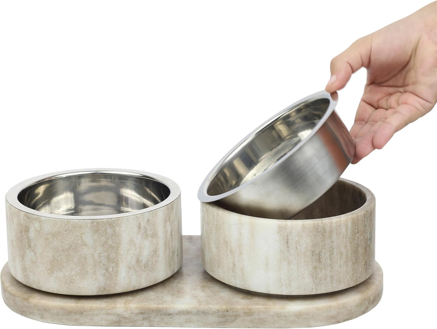 DBL1000E Marbre Small/Medium Modern Weighted Double Marble and Stainless Steel Bowl 12oz (1.5 Cups) Feeder with Non-Slip Marble Tray Set, Gray/Brown