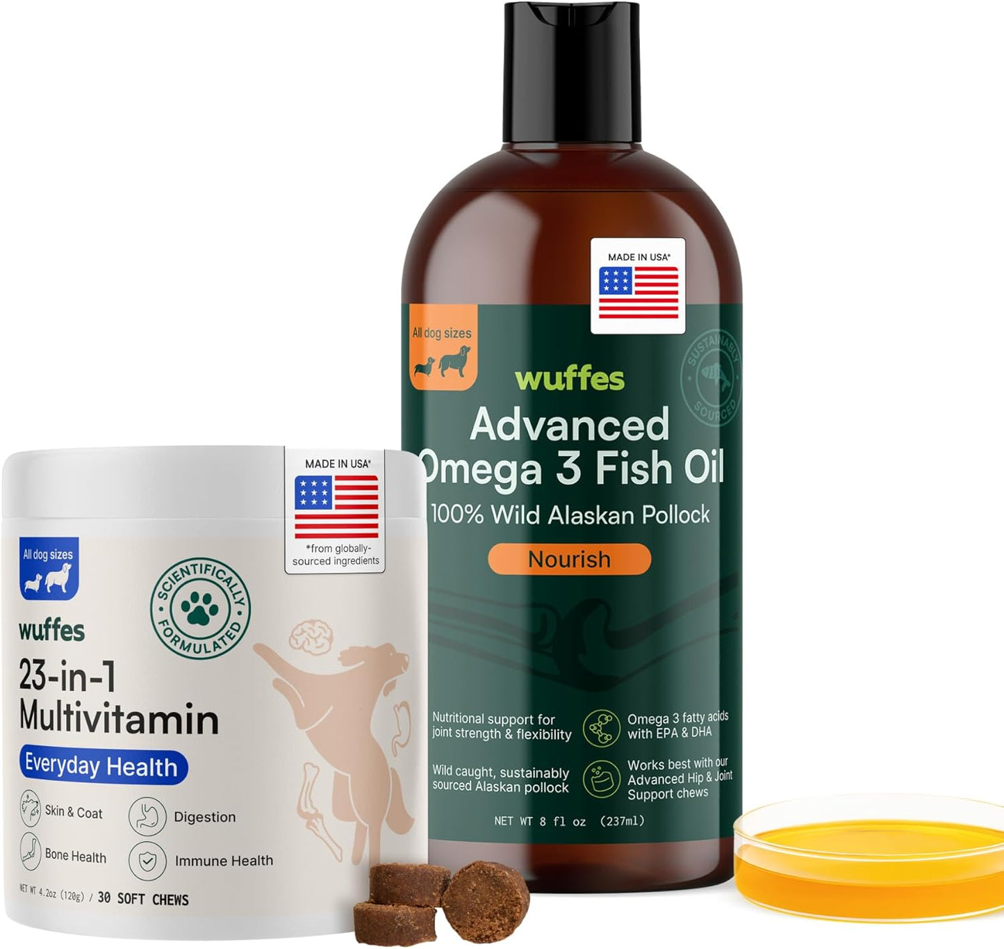 Wuffes 23-in-1 Multivitamin and Advanced Omega 3 Fish Oil Bundle for Small and Medium Dogs