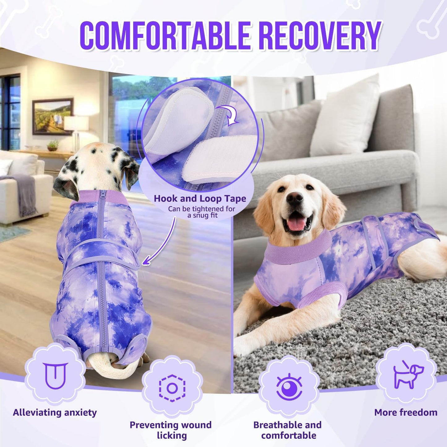 Lukovee Recovery Suit for Dogs, Zipper On Recovery Suit for Female Male Dog, Onesie Abdominal Wounds Cone E-Collar Alternative Prevent Licking Spay Recovery Suit (Small, Purple Tie-dye)