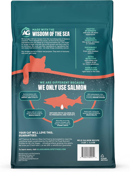 SUPER3+ All-Salmon Freeze-Dried Raw Dry Cat Food, Fortified with Omega Fish Oil, High-Protein, Grain-Free, Allergy & Digestive Support, All-Natural, for Kittens & Adults (3 lbs)