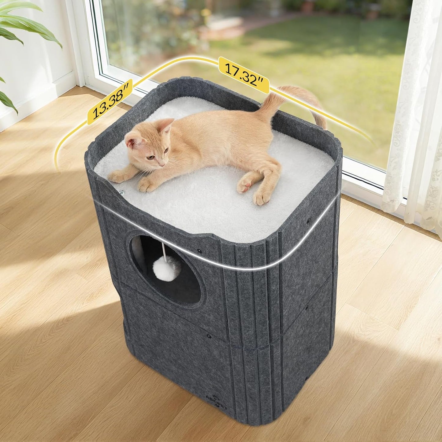 Cat House for Indoor Cats, 2-Storey Cat Bed Cave, Felt Cat Hideaway Condo with Resistant Scratching Freedom Kitten Cube for Multicats Dark Grey