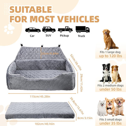 Large Dog Car Seat for 2 Medium Dogs Under 100 lbs, Washable Dog Bed, Detachable Pet Booster with Storage Pockets and Leashes for Back Seat, Fully Detachable and Washable with Thick Cushion