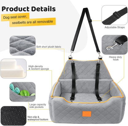 Dog Car Seat for Large/Medium Dog, Booster Seat for Dogs Under 55Lbs or 2 Small Puppy, Detachable and Washable Travel Pet Bed with Thick Cushion and Storage Pockets (Gray)