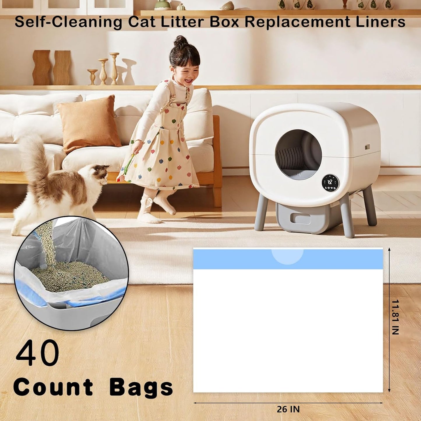 40-Pack Heavy Duty Cat Litter Box Liners for Fsitego & Fumoi Self-Cleaning Litter Boxes, Extra Thick Automatic Litter Box Bags, with Drawstring and Leakproof Cat Litter Bags