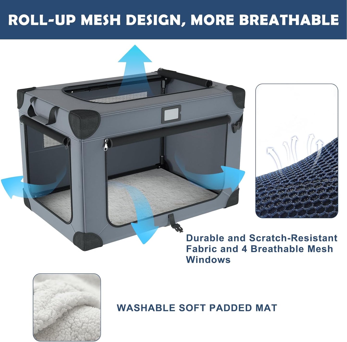 30 Inch Soft Dog Crates, Collapsible Dog Travel Crate for Medium Dogs Indoor & Outdoor, 3-Door Foldable Pet Kennel with Mesh Windows, Soft Blanket and Foldable Bowl