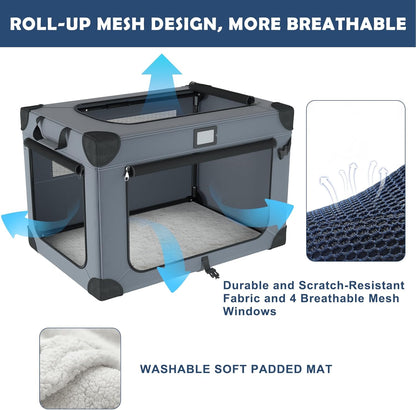 30 Inch Soft Dog Crates, Collapsible Dog Travel Crate for Medium Dogs Indoor & Outdoor, 3-Door Foldable Pet Kennel with Mesh Windows, Soft Blanket and Foldable Bowl