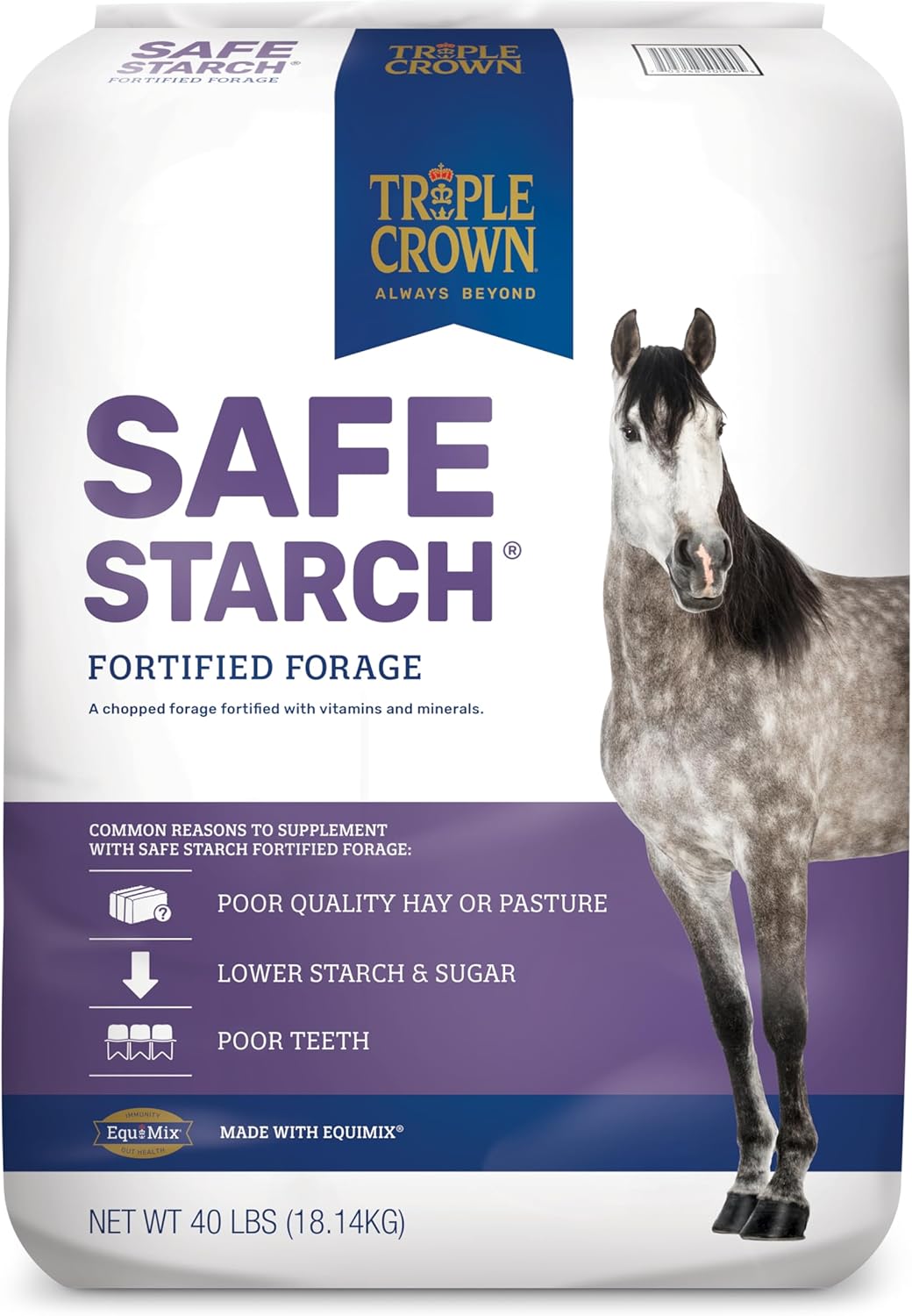 Triple Crown Safe Starch, Fortified Forage Low Starch Horse Feed, Grain Free Horse Food, Orchard Hay & Timothy Hay for Horses, 40 lbs